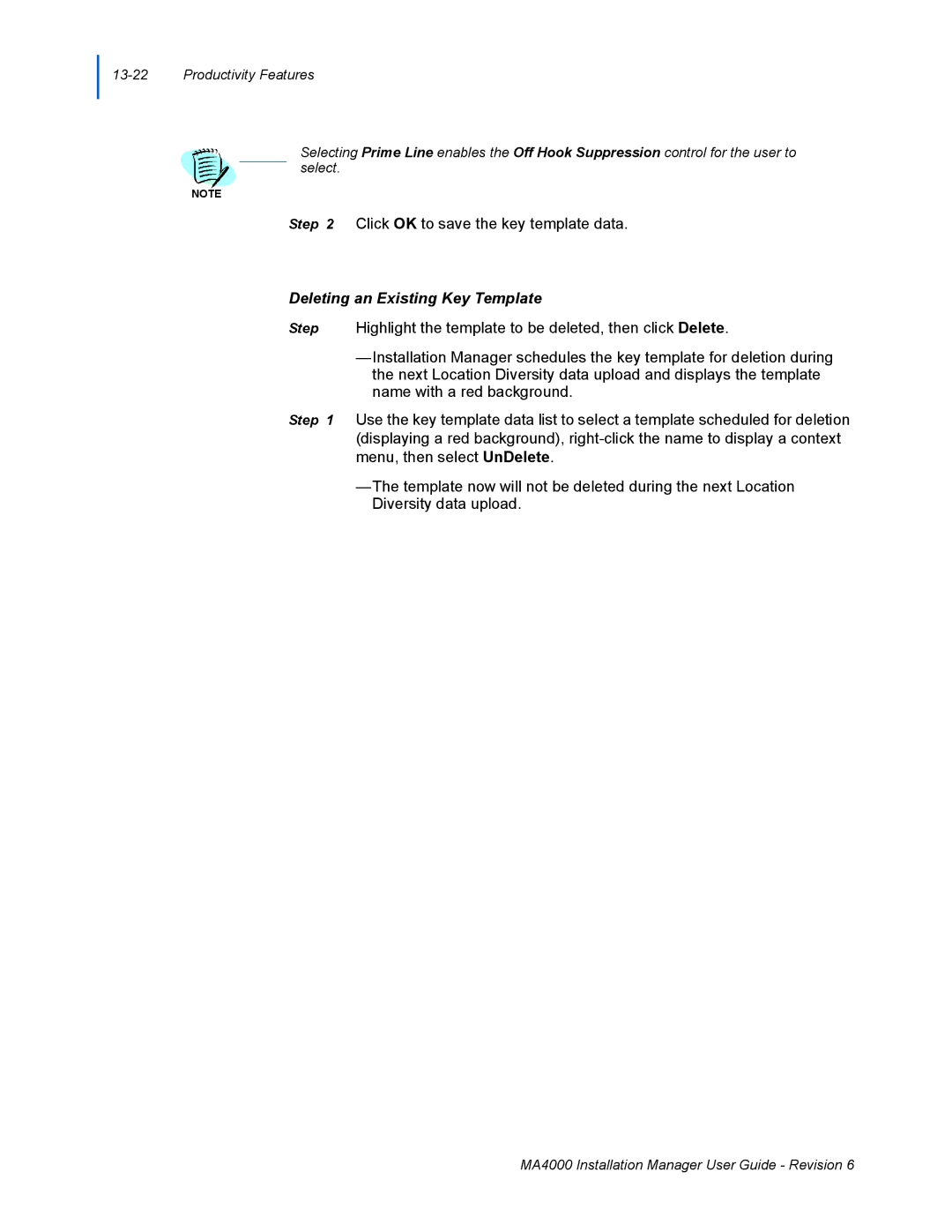 NEC MA400 manual Deleting an Existing Key Template 