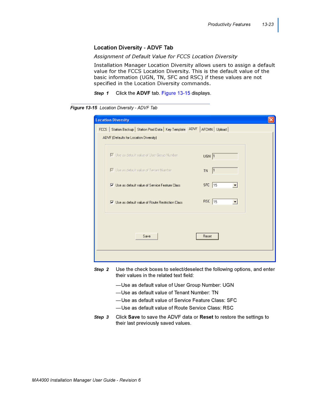 NEC MA400 manual Location Diversity Advf Tab, Assignment of Default Value for Fccs Location Diversity 