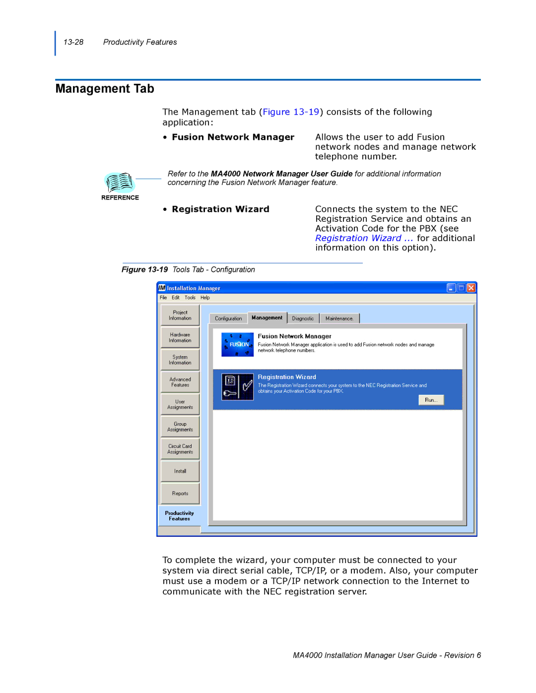 NEC MA400 manual Management Tab, Fusion Network Manager, Registration Wizard 