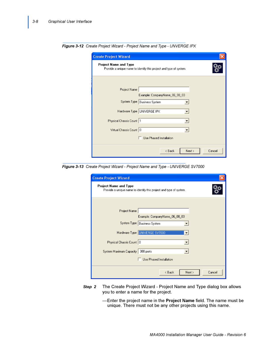 NEC MA400 manual 12Create Project Wizard Project Name and Type Unverge IPX 