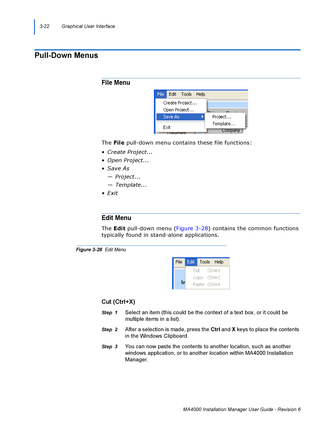 NEC MA400 manual Pull-Down Menus, File Menu, Edit Menu, Cut Ctrl+X 