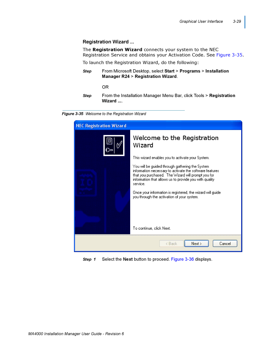 NEC MA400 manual 35Welcome to the Registration Wizard 