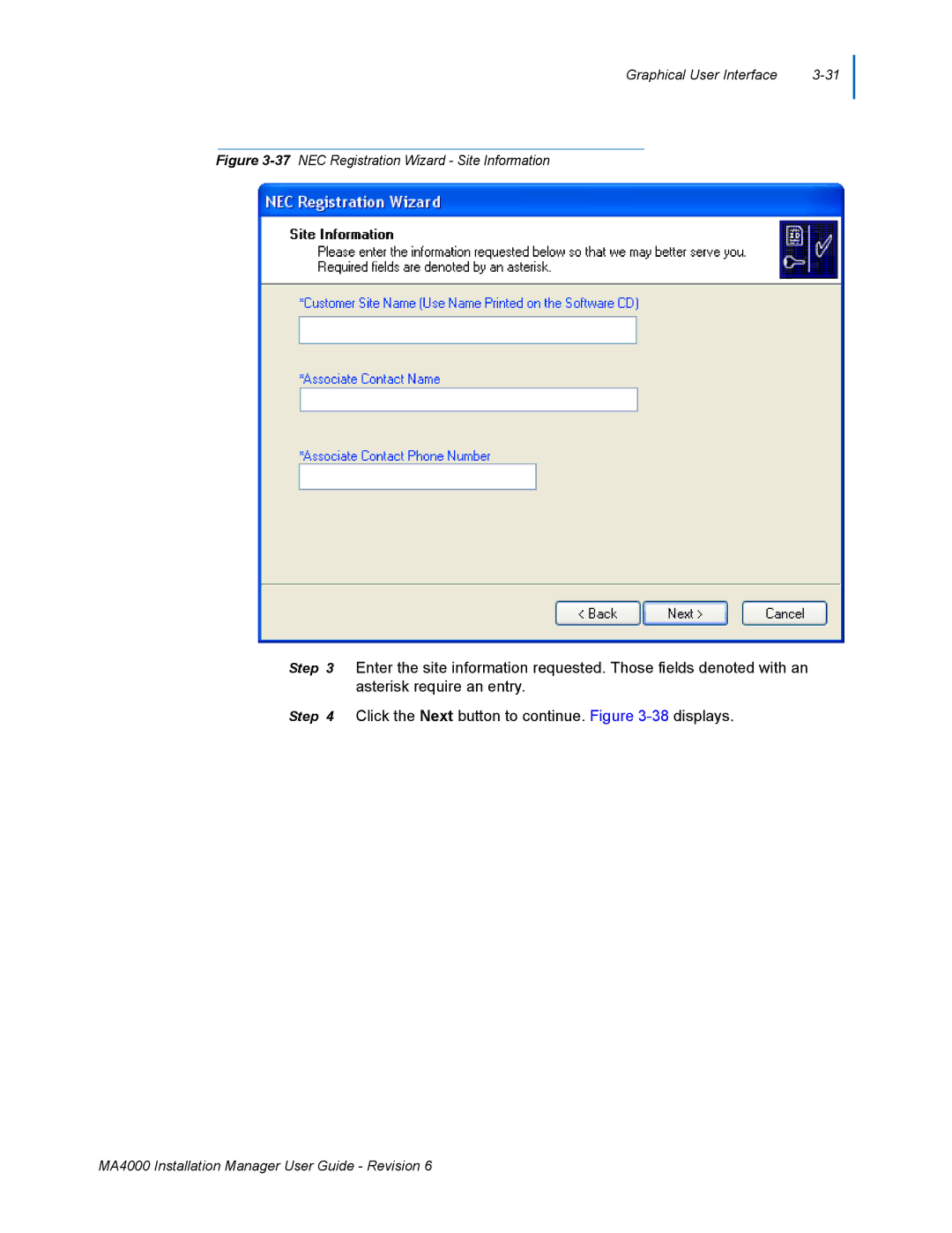 NEC MA400 manual 37NEC Registration Wizard Site Information 