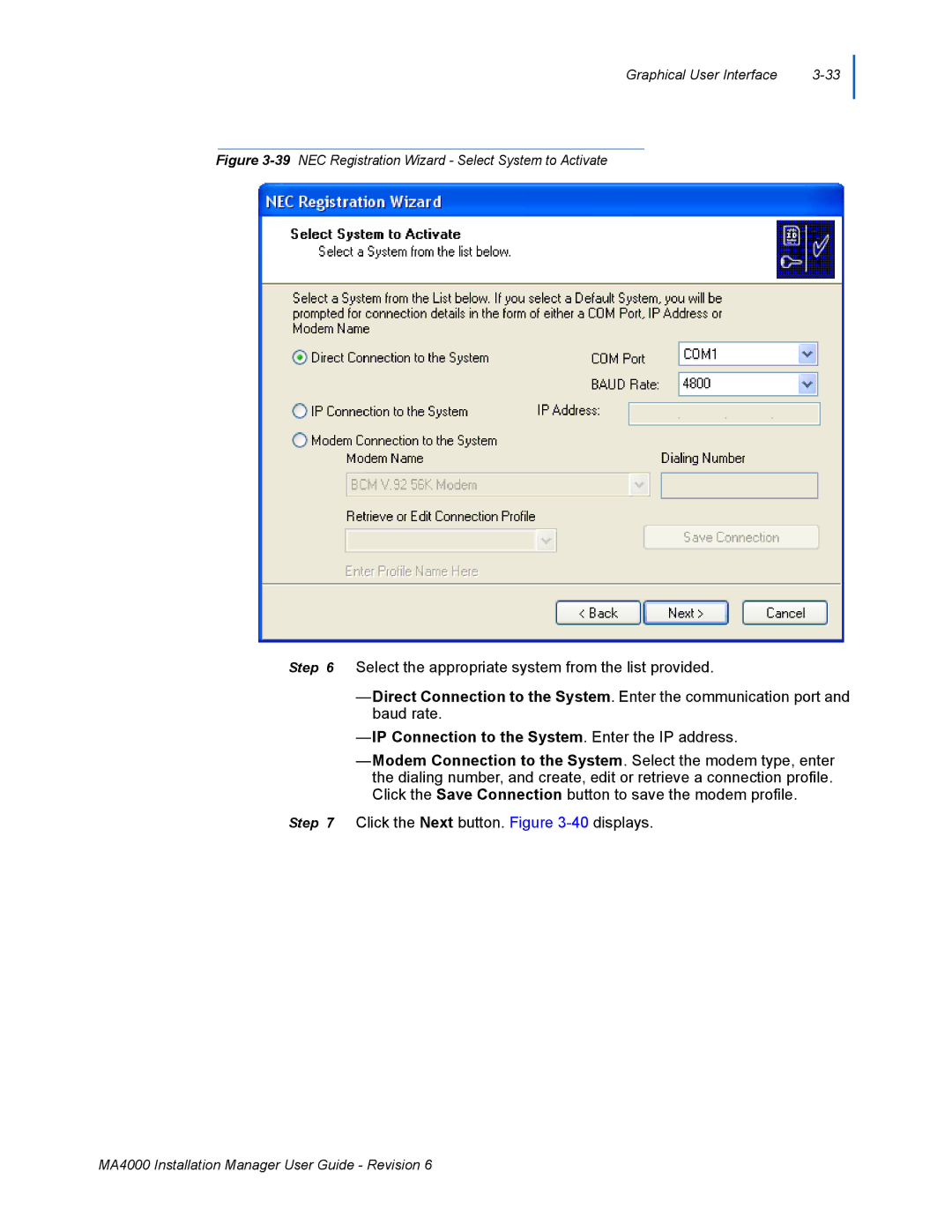 NEC MA400 manual IP Connection to the System. Enter the IP address 