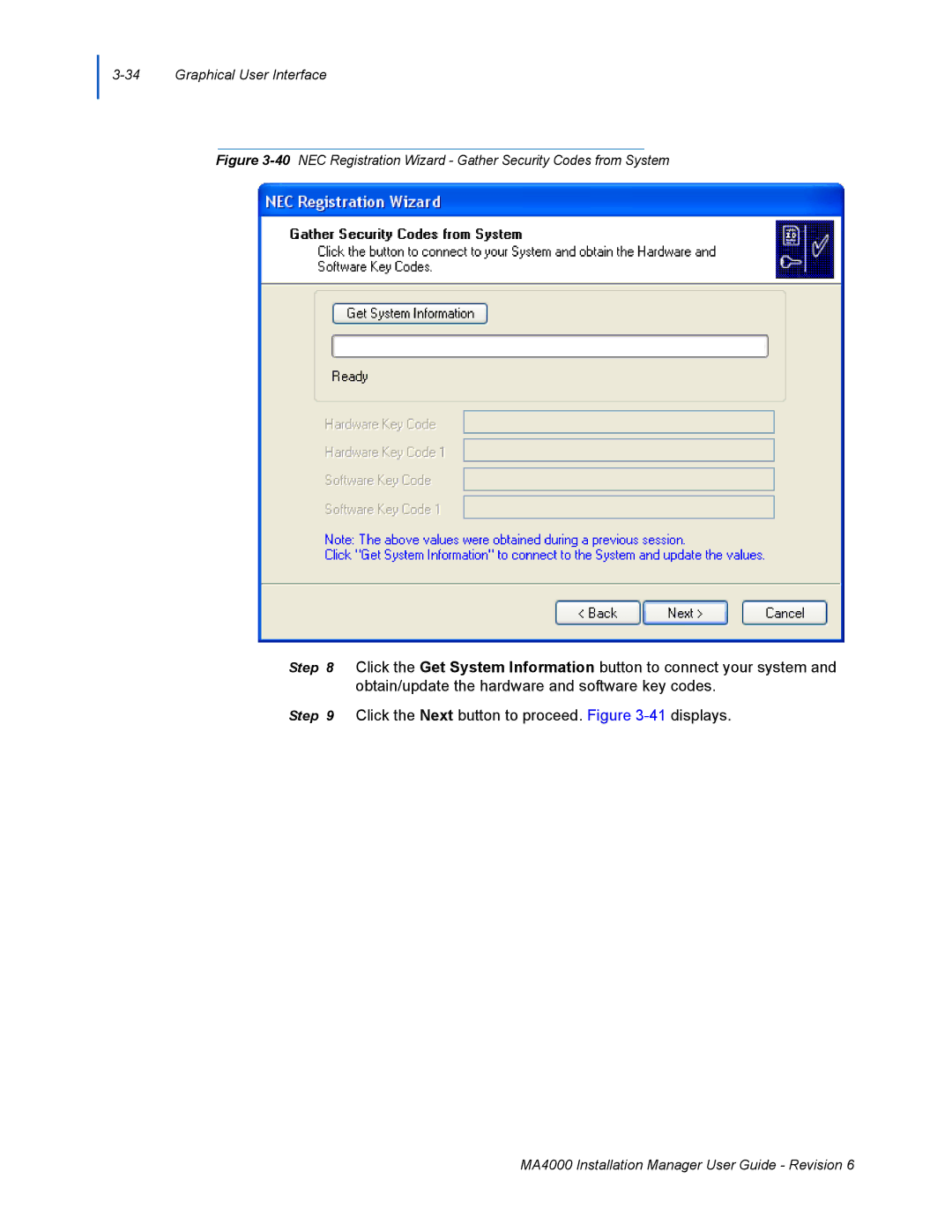 NEC MA400 manual 40NEC Registration Wizard Gather Security Codes from System 