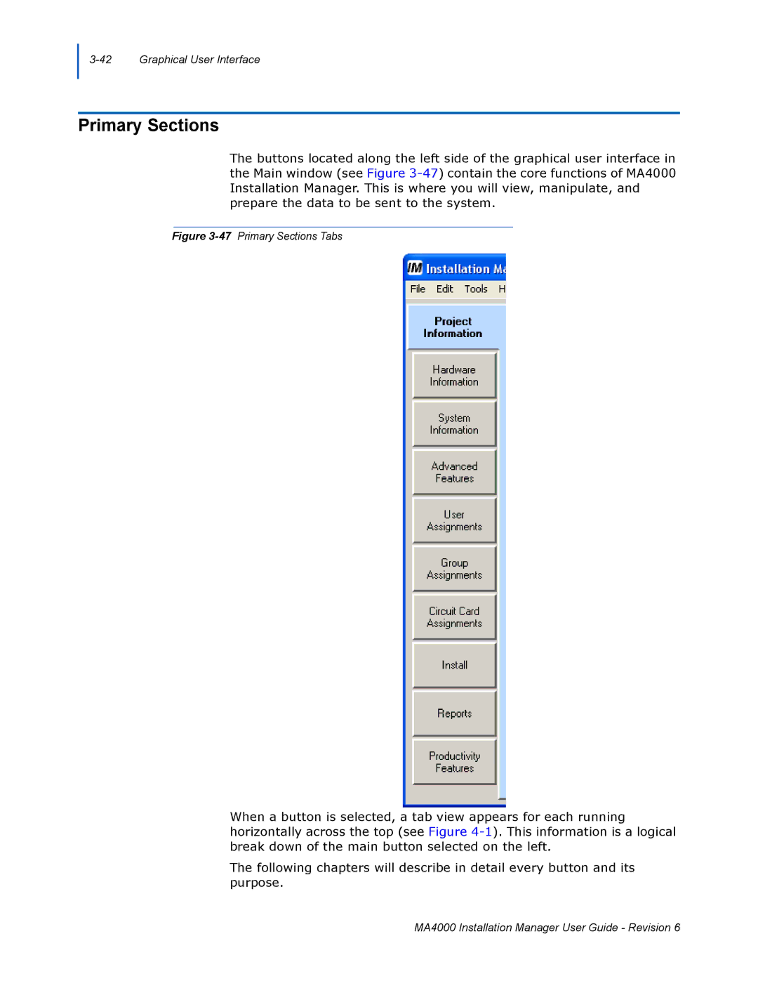 NEC MA400 manual 47Primary Sections Tabs 