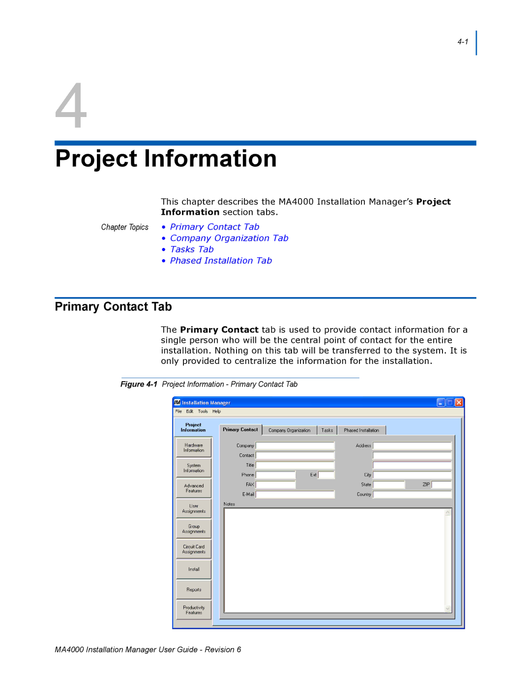 NEC MA400 manual Project Information, Primary Contact Tab 