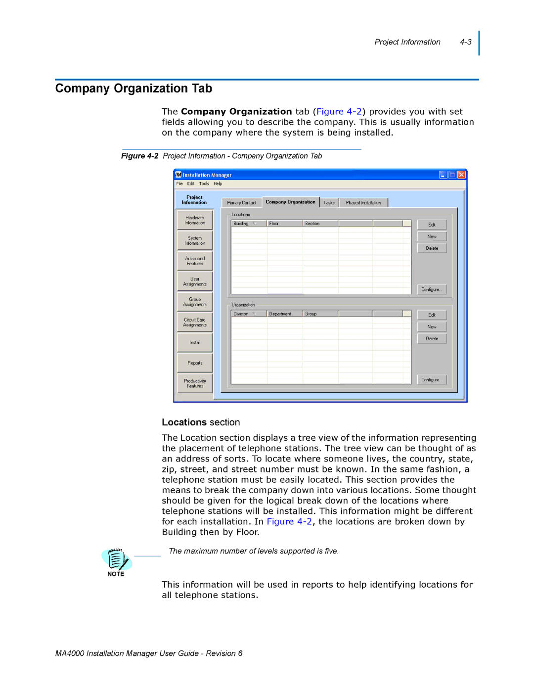 NEC MA400 manual Company Organization Tab, Locations section 