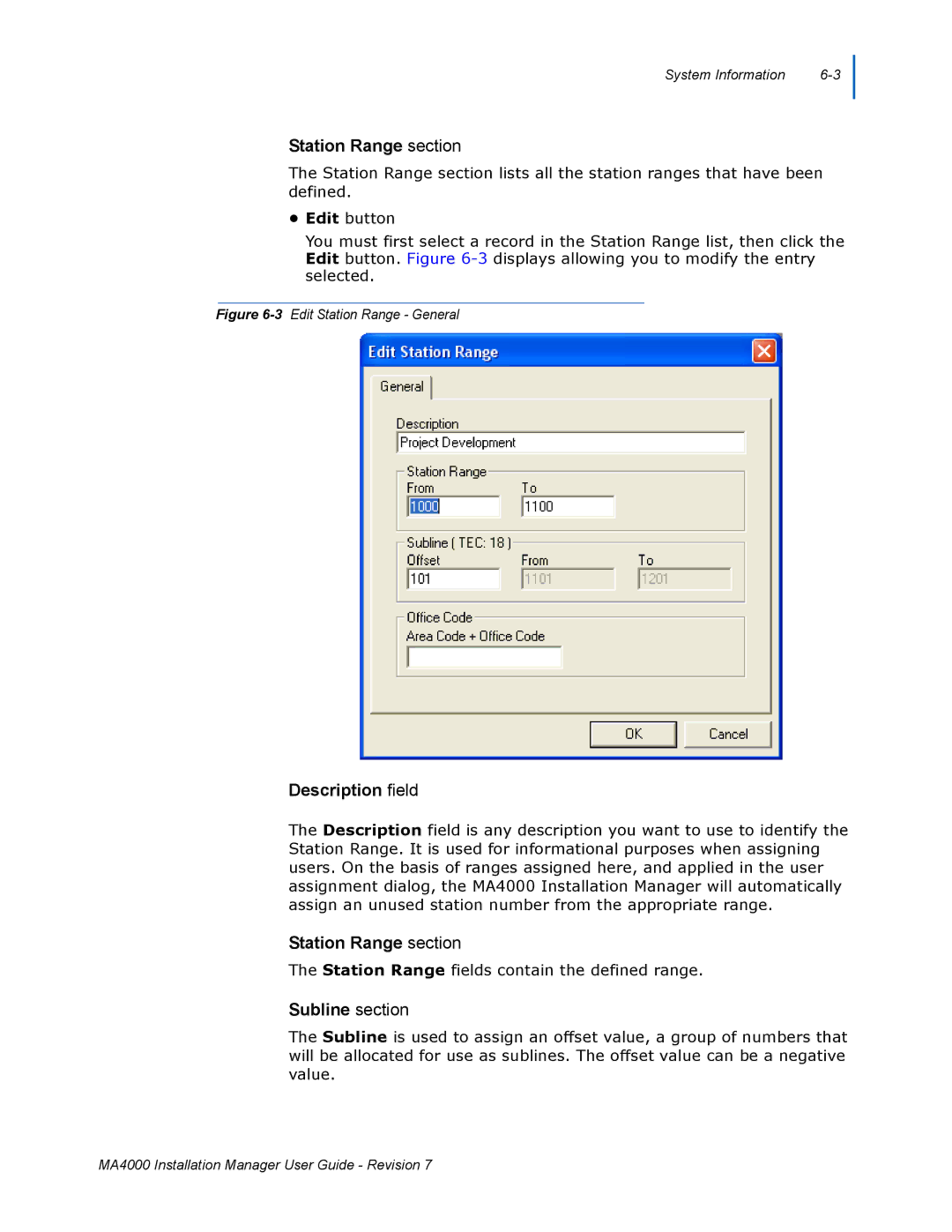 NEC MA4000 manual Station Range section, Description field, Subline section 