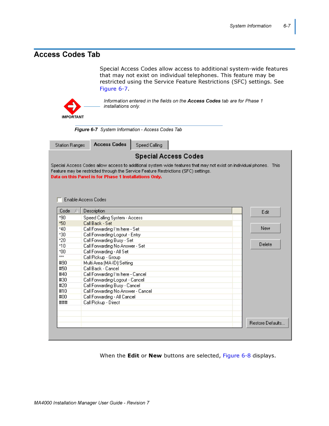 NEC MA4000 manual Access Codes Tab, When the Edit or New buttons are selected, -8displays 