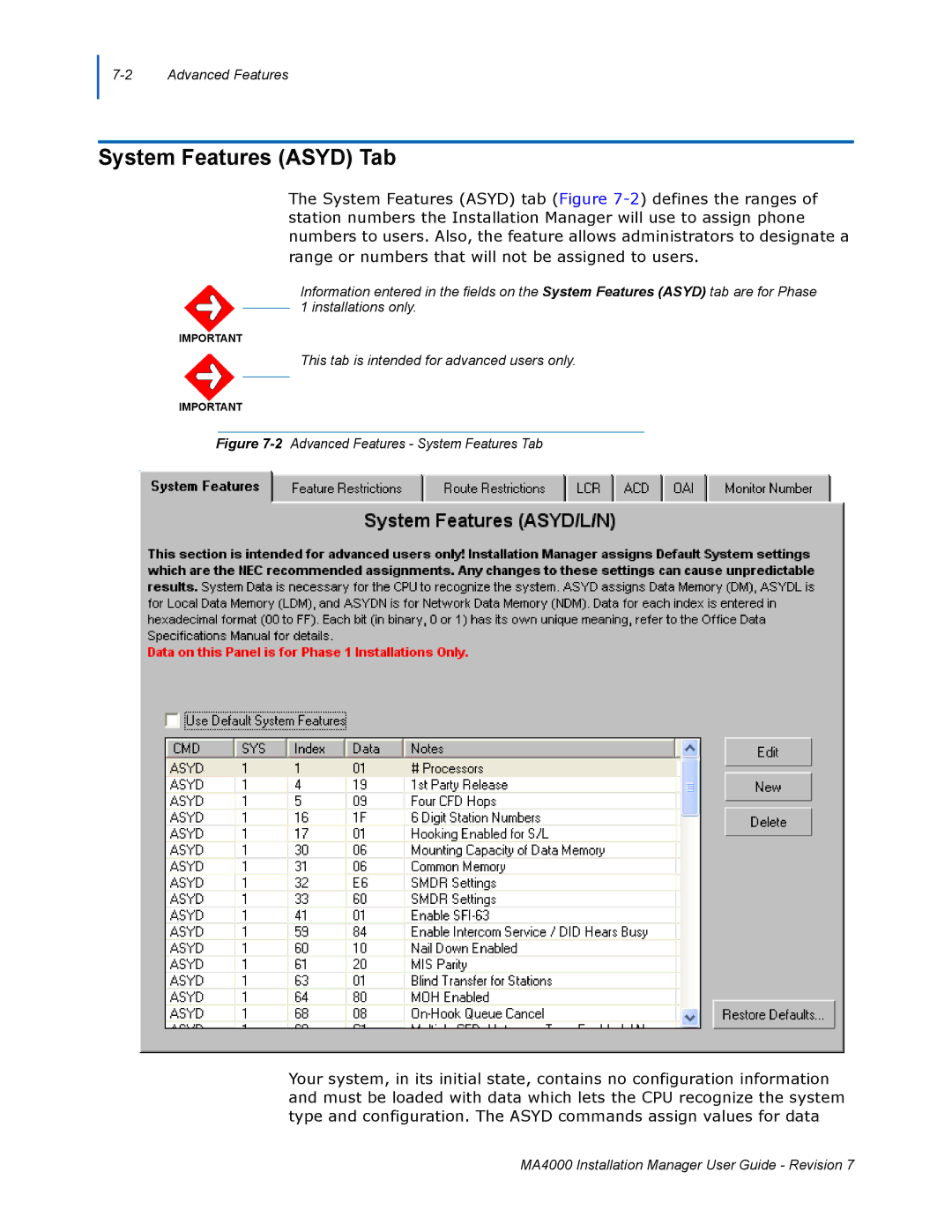 NEC MA4000 manual System Features Asyd Tab, Range or numbers that will not be assigned to users 