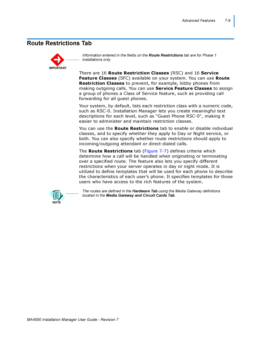 NEC MA4000 manual Route Restrictions Tab 