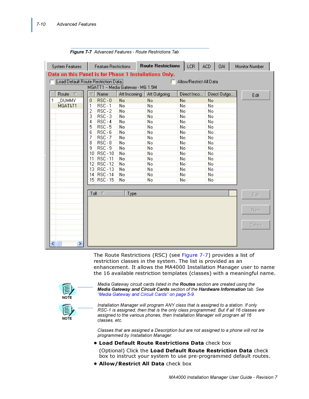 NEC MA4000 manual 7Advanced Features Route Restrictions Tab 