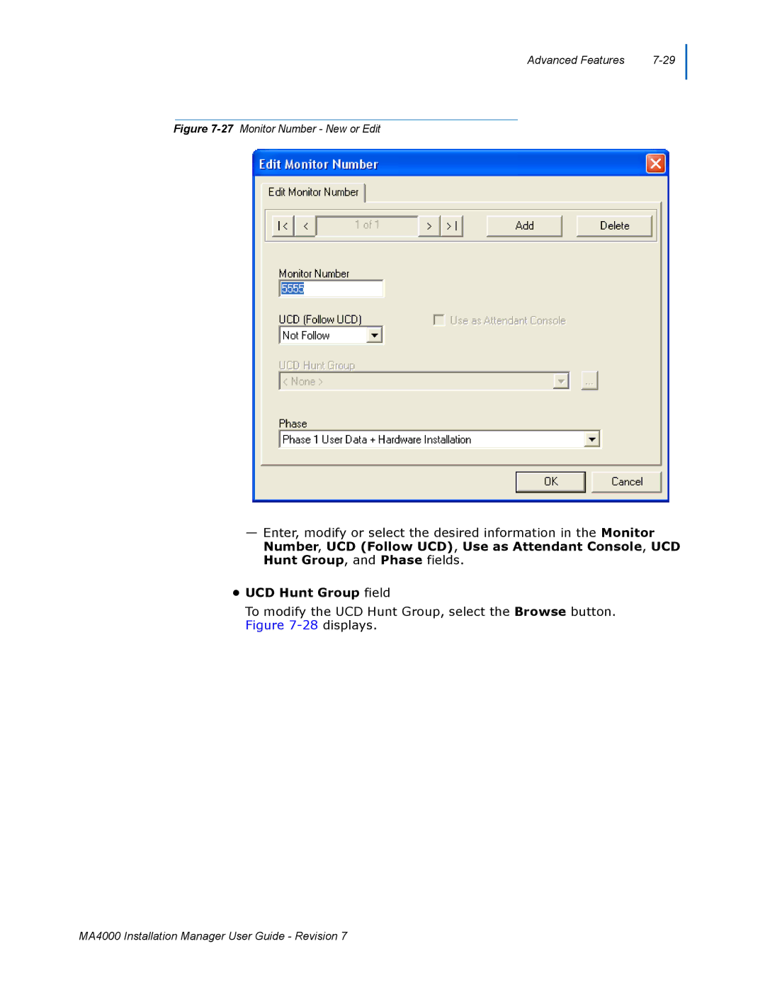 NEC MA4000 manual UCD Hunt Group field, 27Monitor Number New or Edit 