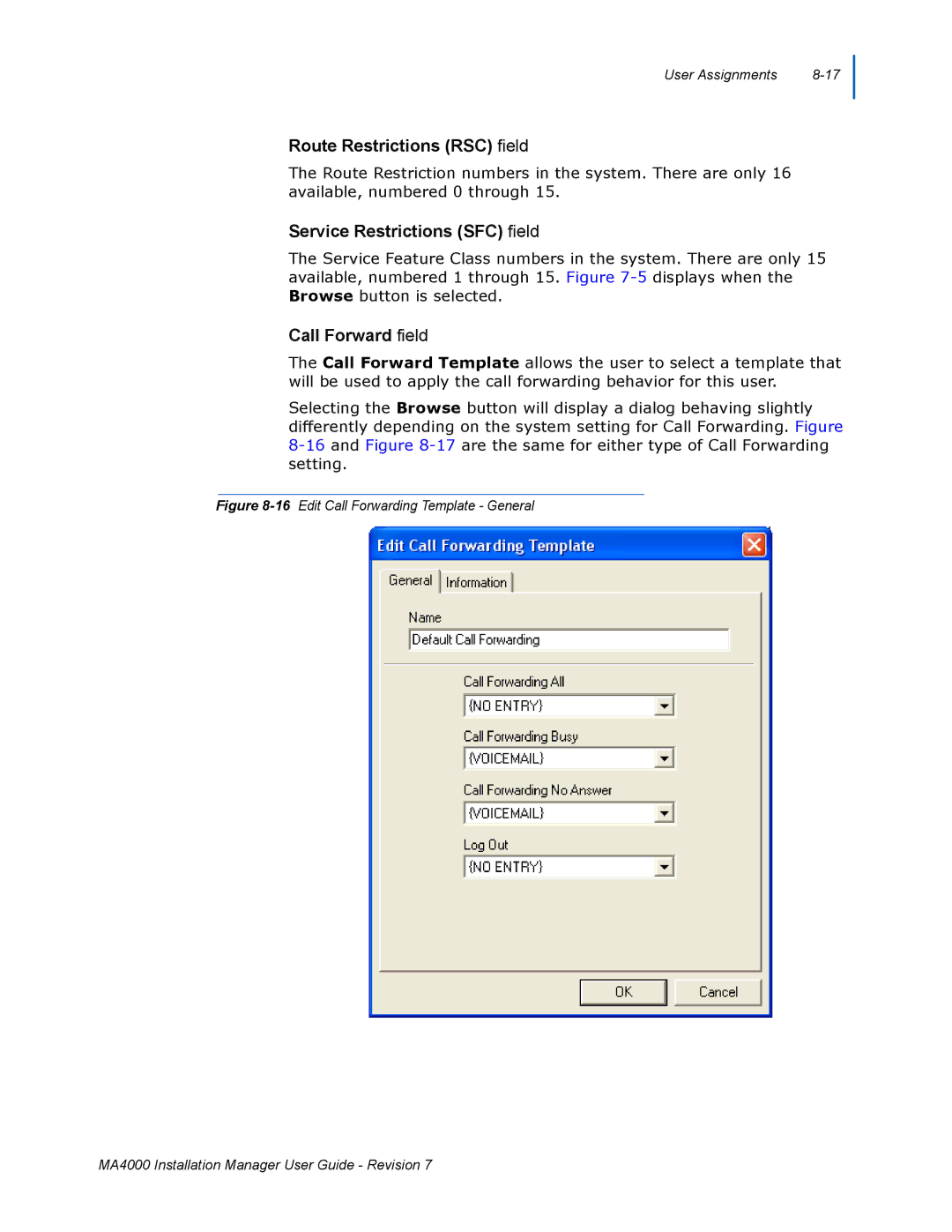 NEC MA4000 manual Route Restrictions RSC field, Service Restrictions SFC field, Call Forward field 