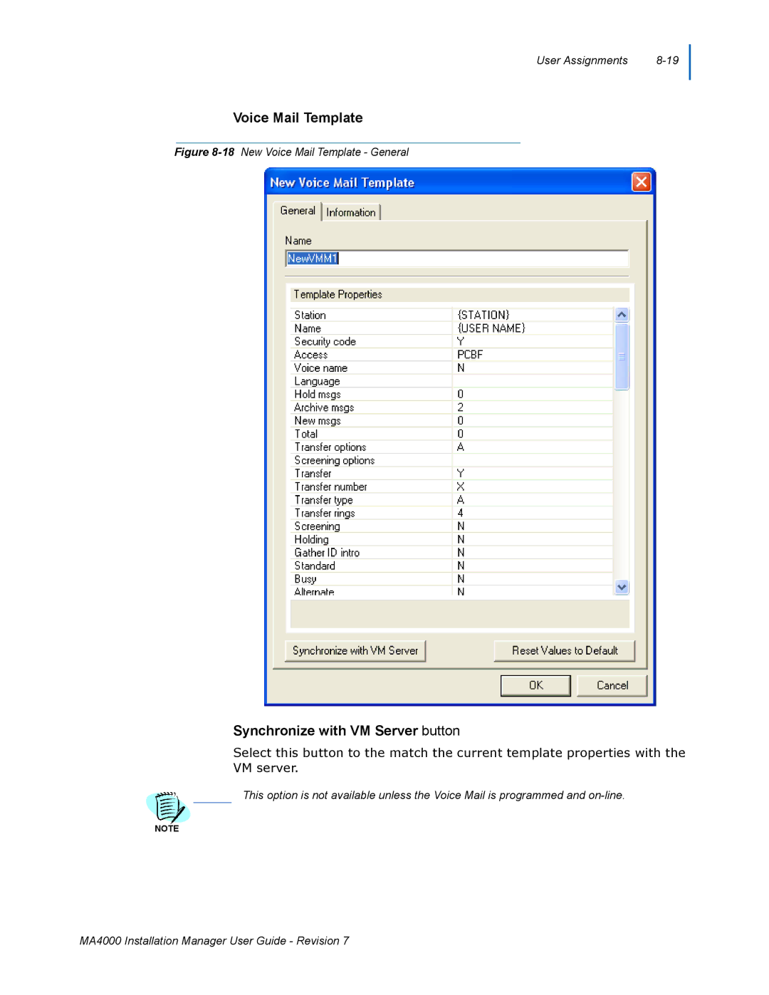 NEC MA4000 manual Voice Mail Template, Synchronize with VM Server button 