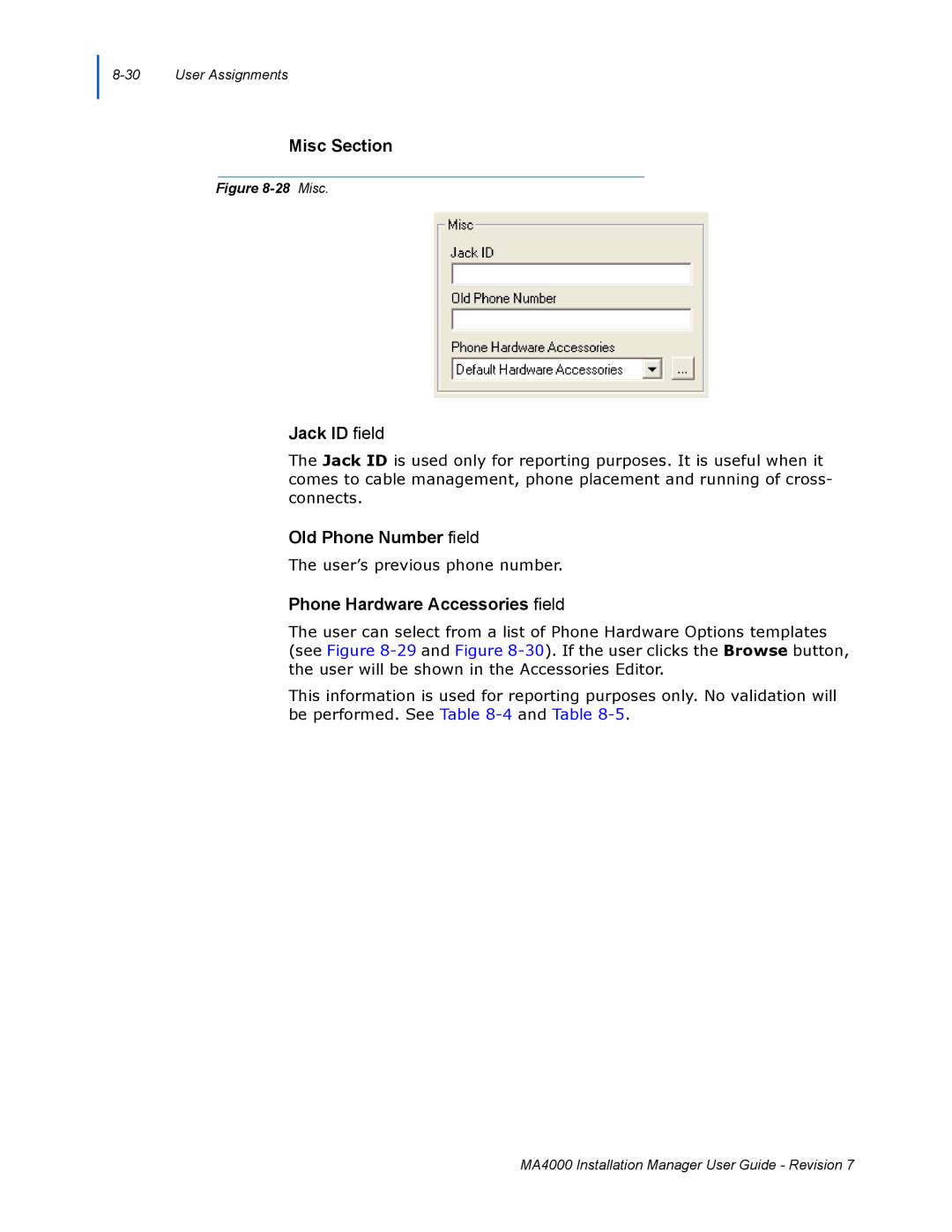 NEC MA4000 manual Misc Section, Jack ID field, Old Phone Number field, Phone Hardware Accessories field 