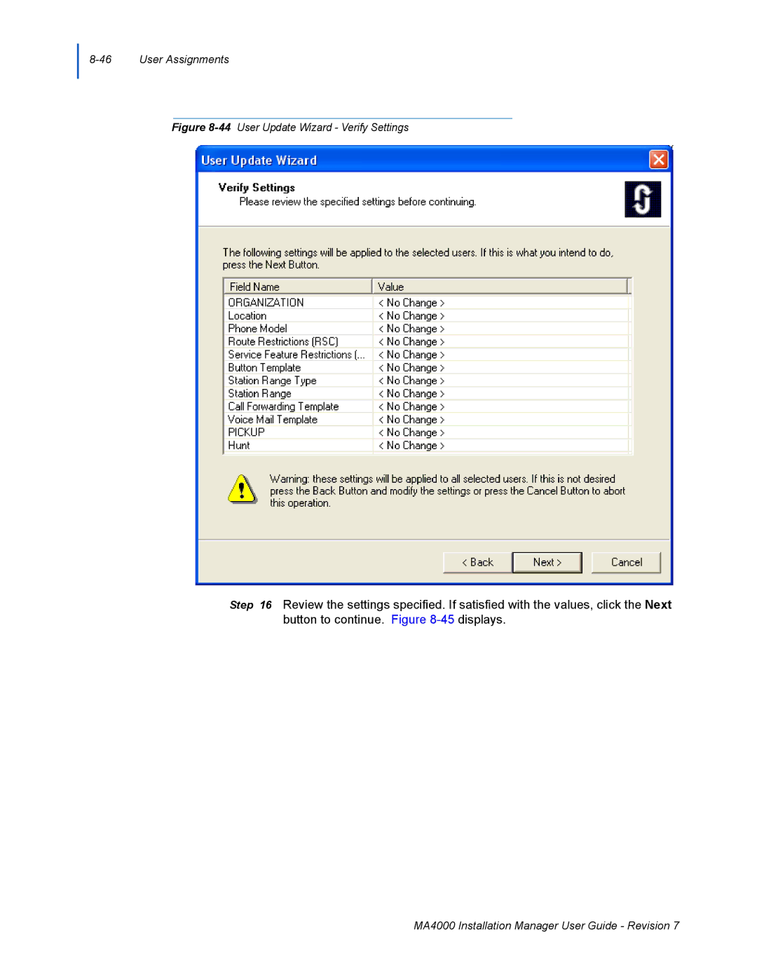 NEC MA4000 manual 44User Update Wizard Verify Settings 