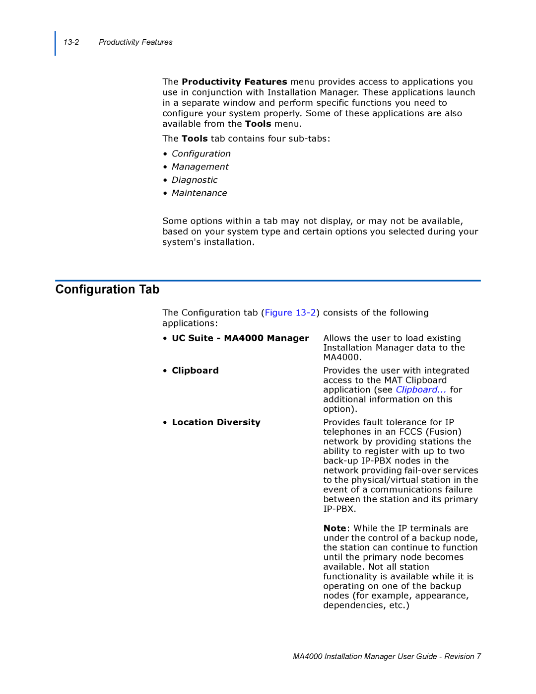 NEC manual Configuration Tab, UC Suite MA4000 Manager, Clipboard, Location Diversity 