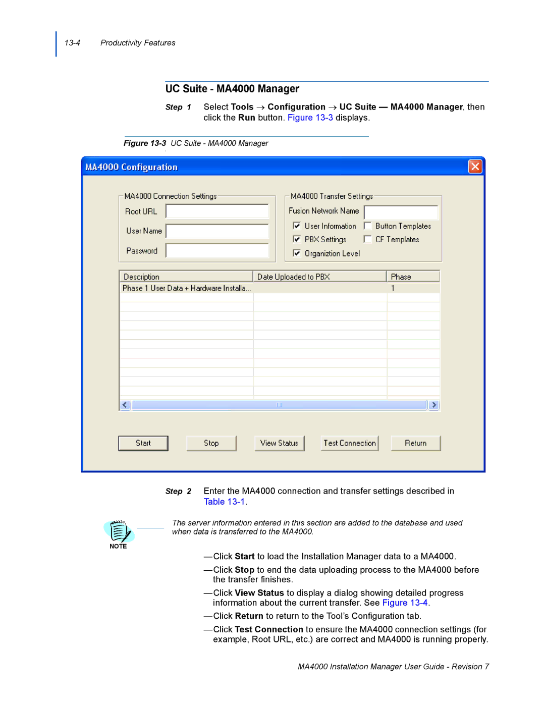 NEC manual UC Suite MA4000 Manager, Enter the MA4000 connection and transfer settings described 