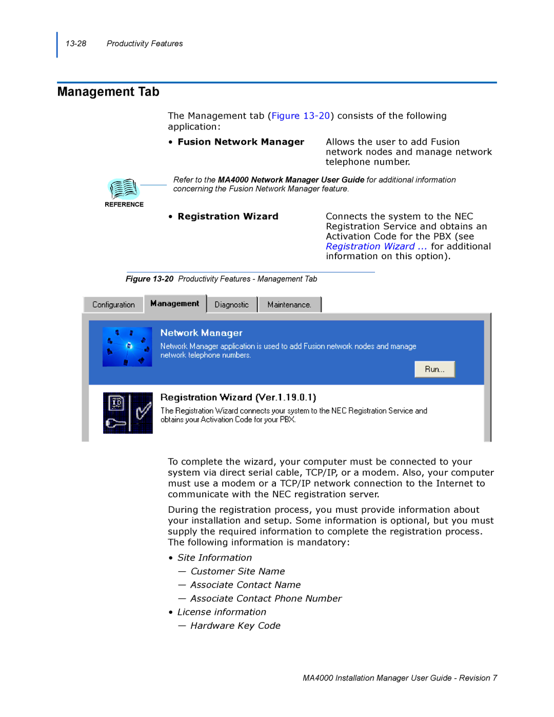NEC MA4000 manual Management Tab, Fusion Network Manager, Registration Wizard 