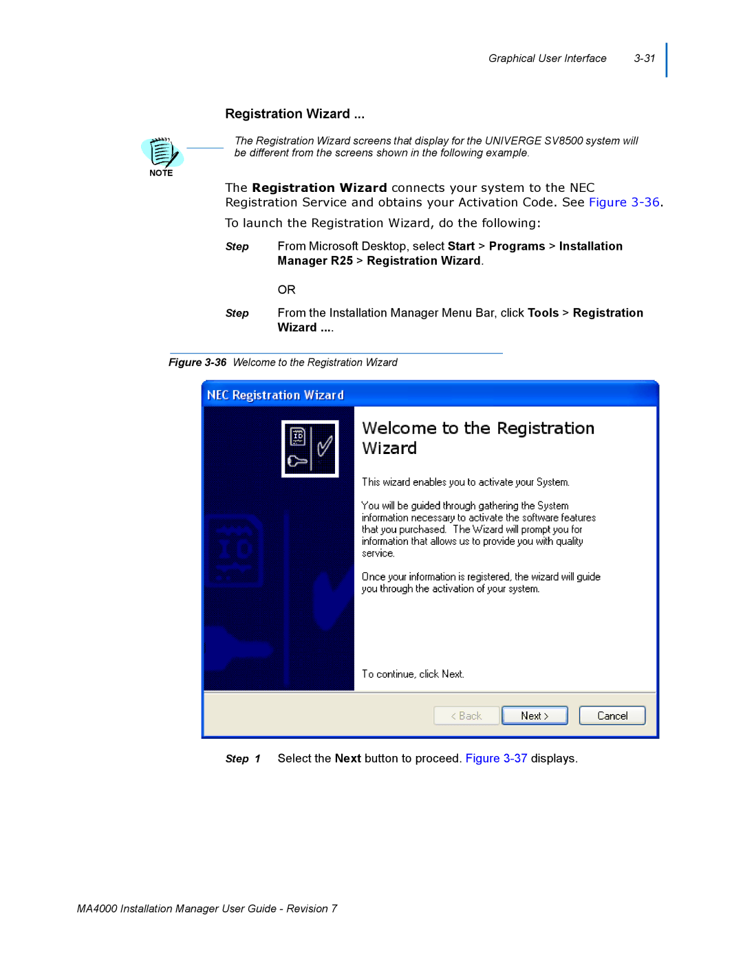 NEC MA4000 manual 36Welcome to the Registration Wizard 