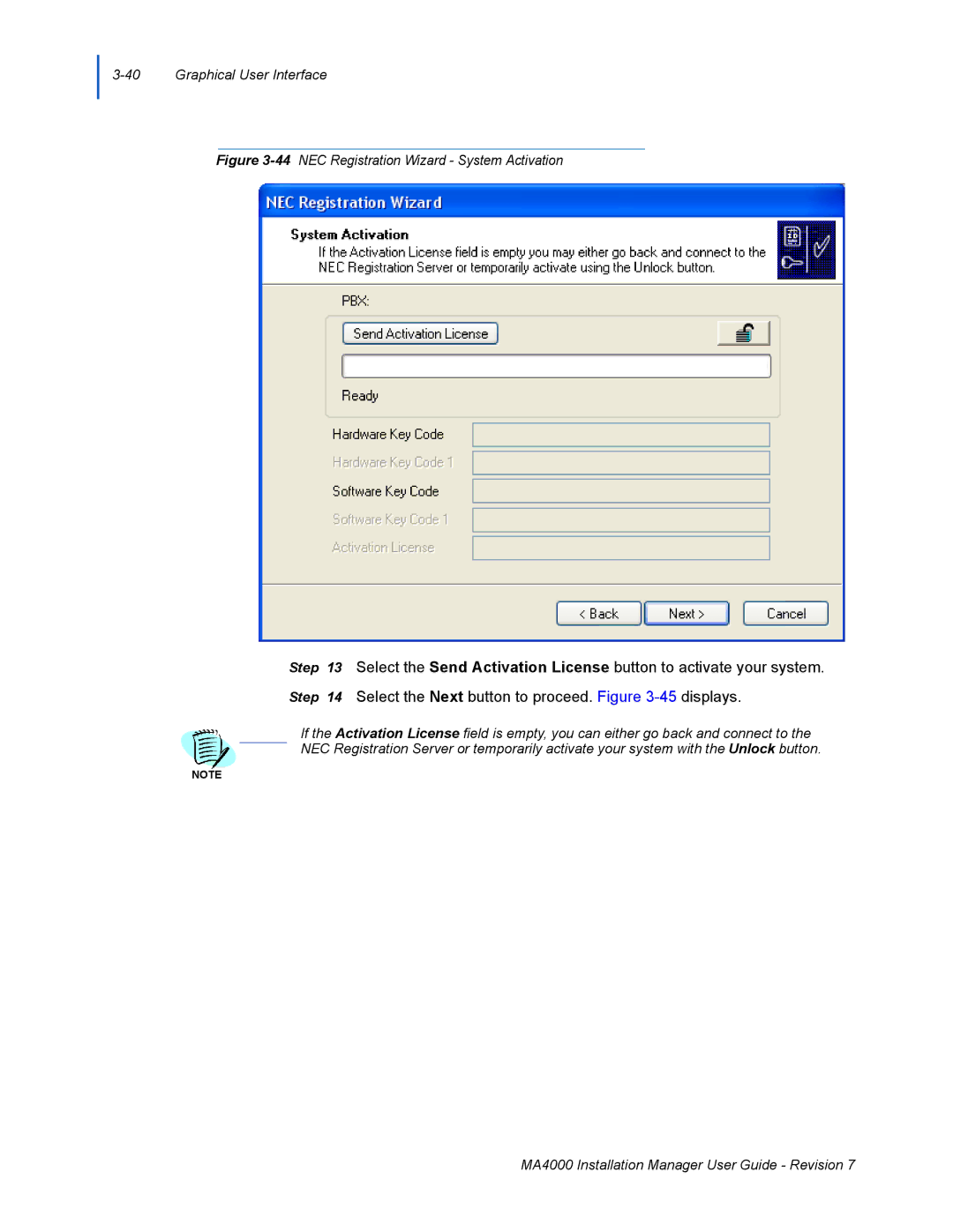 NEC MA4000 manual 44NEC Registration Wizard System Activation 