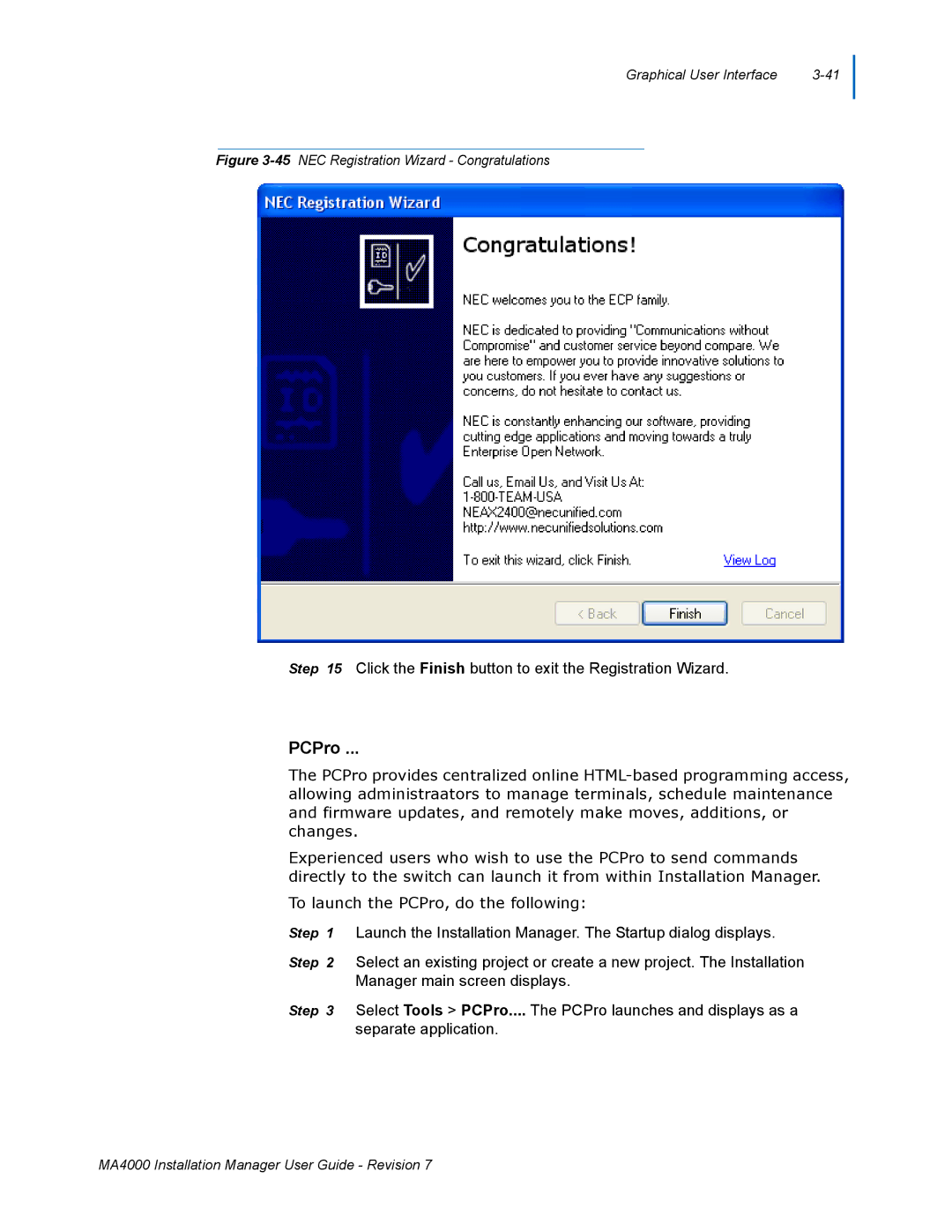 NEC MA4000 manual PCPro, 45NEC Registration Wizard Congratulations 