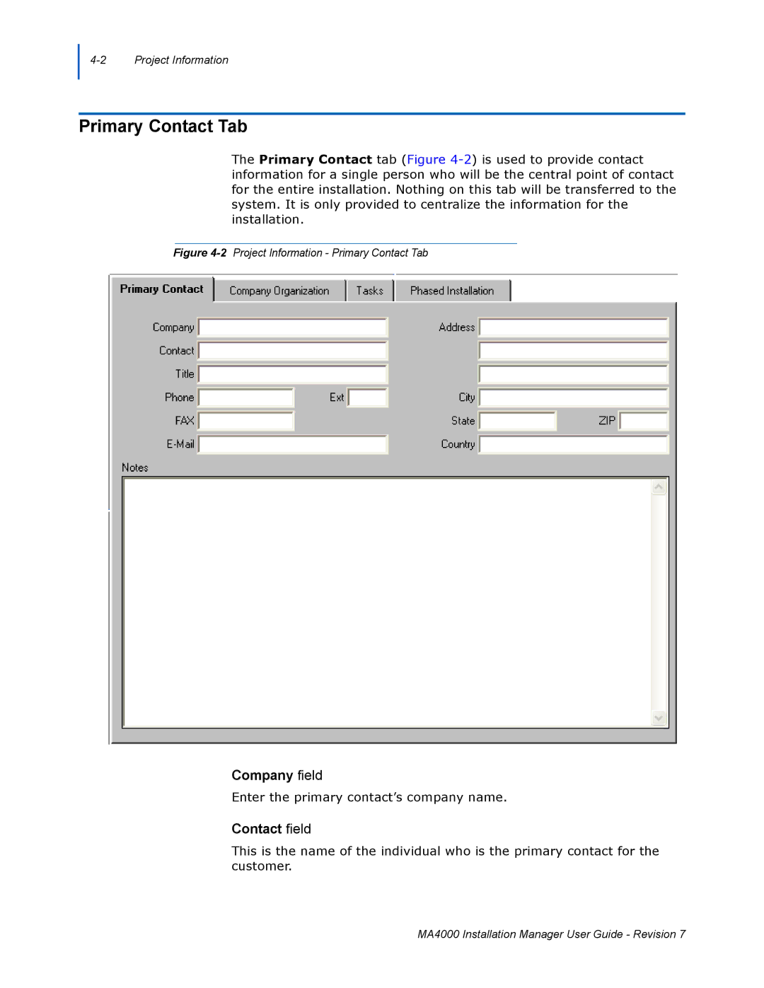 NEC MA4000 manual Primary Contact Tab, Company field, Contact field 