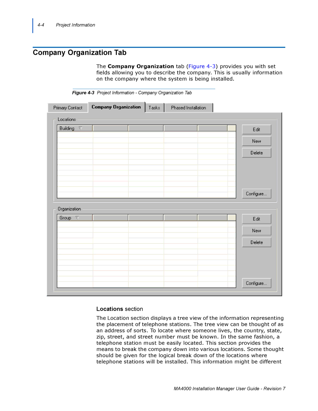 NEC MA4000 manual Company Organization Tab, Locations section 