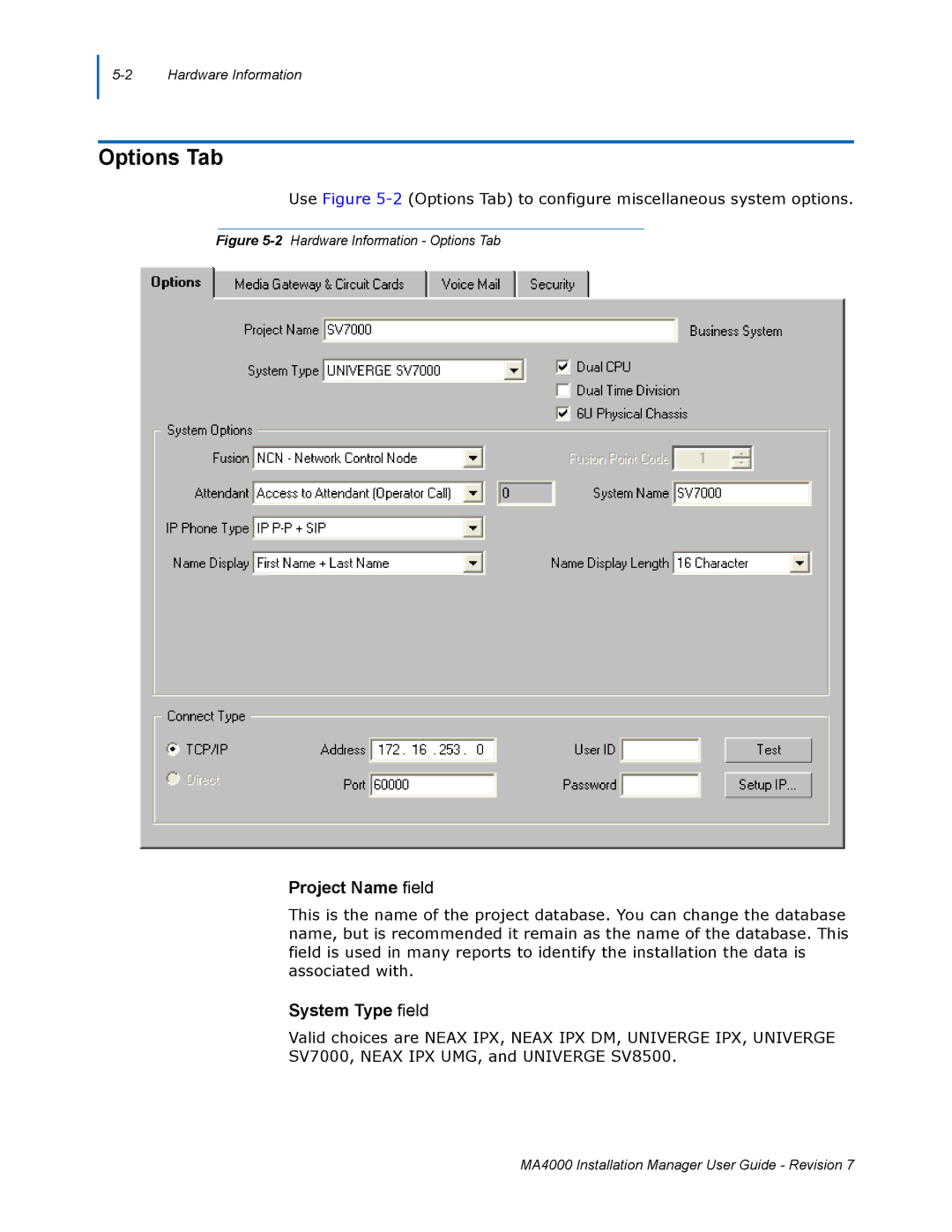 NEC MA4000 manual Options Tab, Project Name field, System Type field 