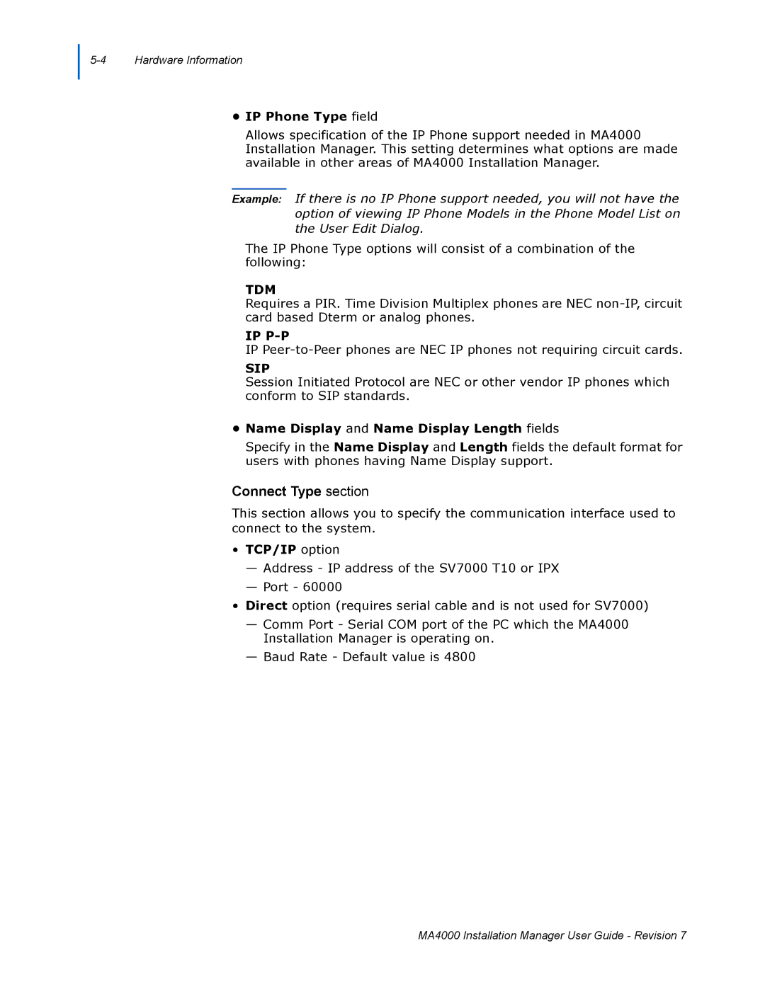 NEC MA4000 manual Connect Type section, IP Phone Type field, Name Display and Name Display Length fields, TCP/IP option 