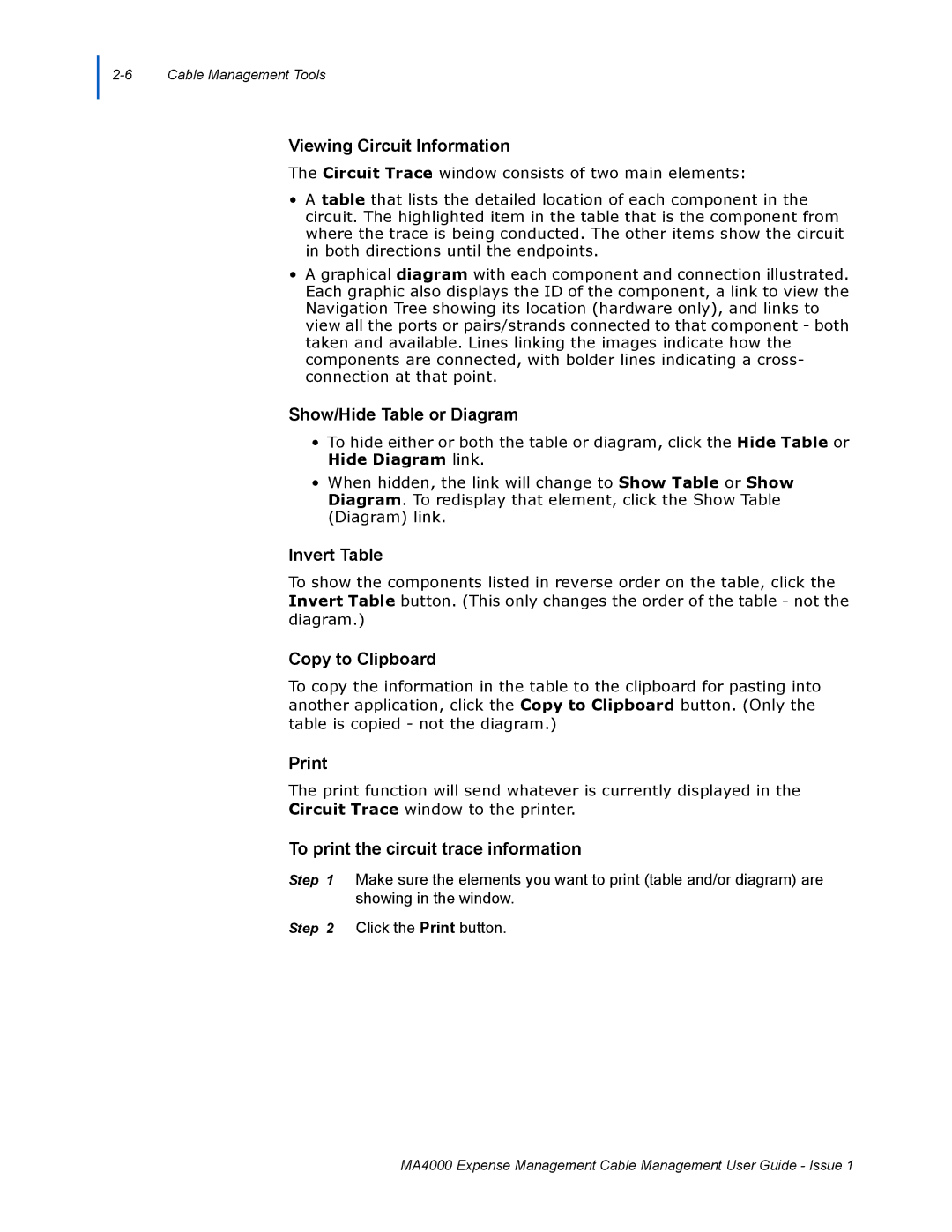 NEC MA4000 manual Viewing Circuit Information, Show/Hide Table or Diagram, Invert Table, Copy to Clipboard, Print 