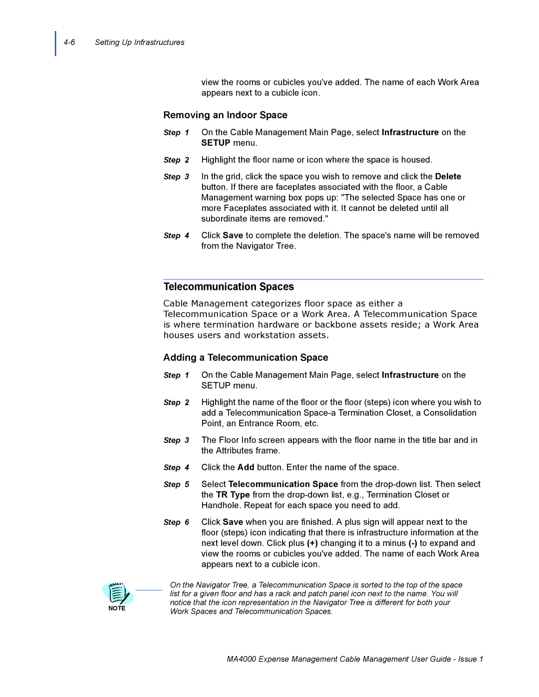 NEC MA4000 manual Telecommunication Spaces, Removing an Indoor Space, Adding a Telecommunication Space 
