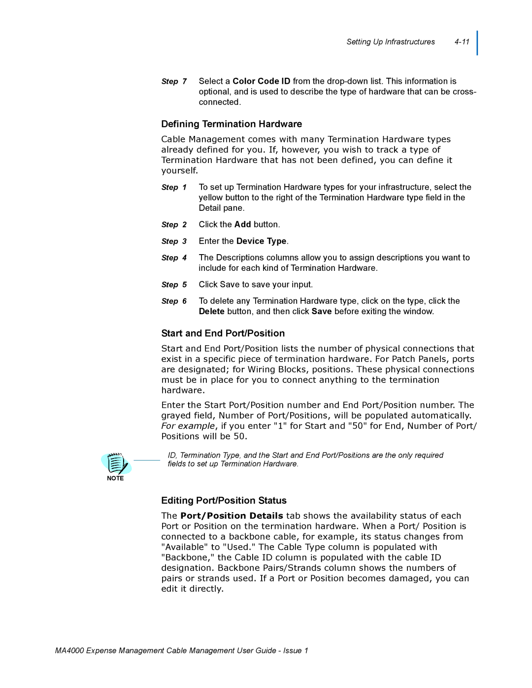 NEC MA4000 manual Defining Termination Hardware, Start and End Port/Position, Editing Port/Position Status 