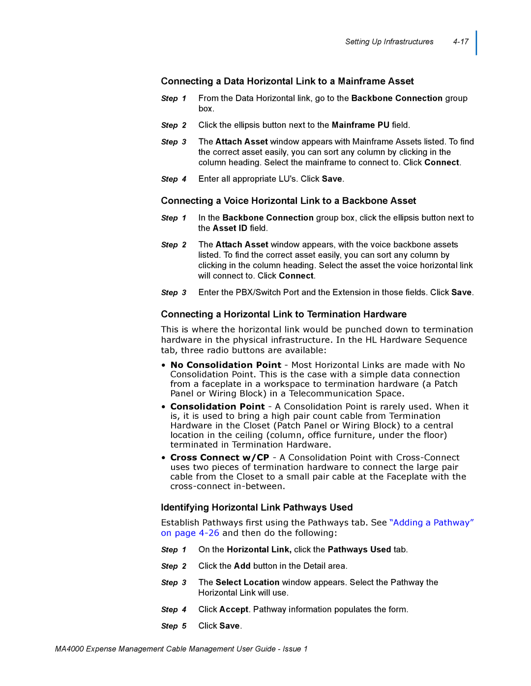 NEC MA4000 Connecting a Data Horizontal Link to a Mainframe Asset, Connecting a Voice Horizontal Link to a Backbone Asset 