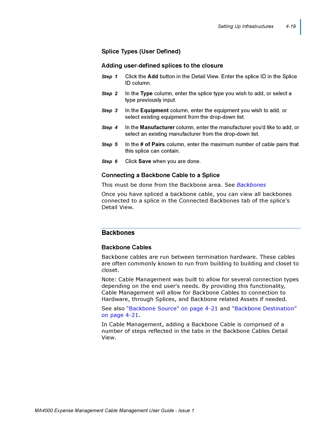 NEC MA4000 manual Backbones, Connecting a Backbone Cable to a Splice, Backbone Cables 