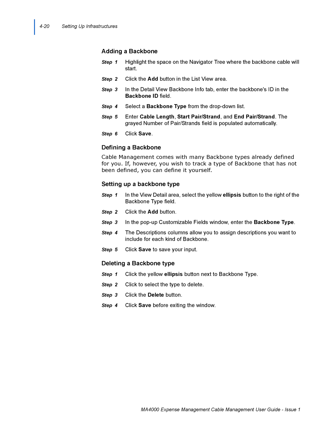 NEC MA4000 manual Adding a Backbone, Defining a Backbone, Setting up a backbone type, Deleting a Backbone type 