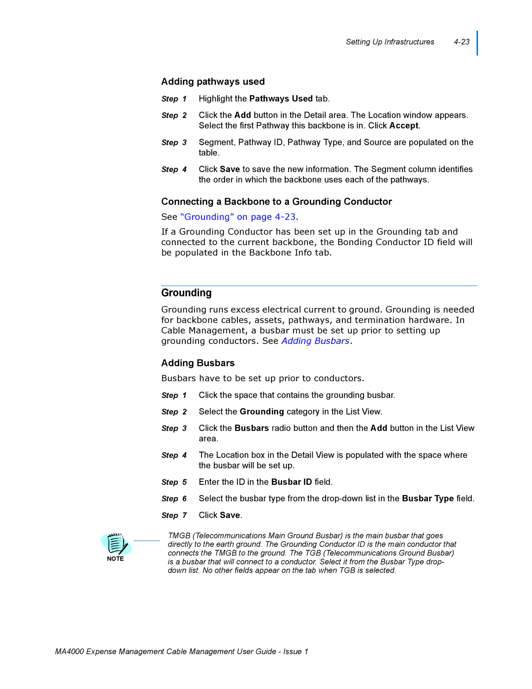 NEC MA4000 manual Adding pathways used, Connecting a Backbone to a Grounding Conductor, Adding Busbars 