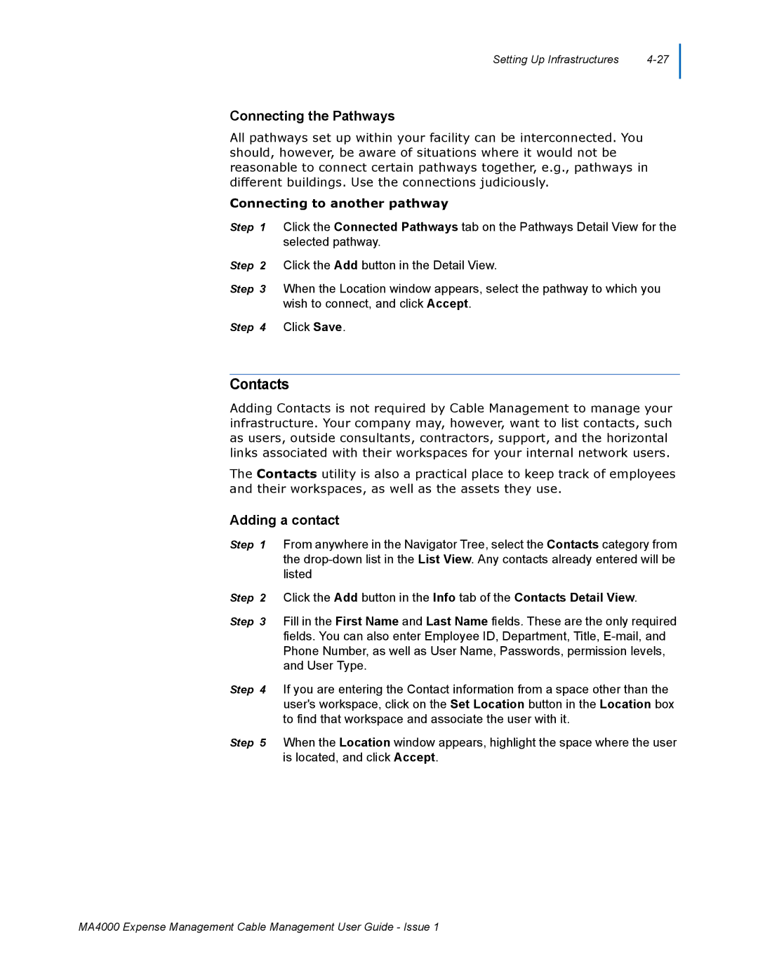 NEC MA4000 manual Contacts, Connecting the Pathways, Adding a contact, Connecting to another pathway 