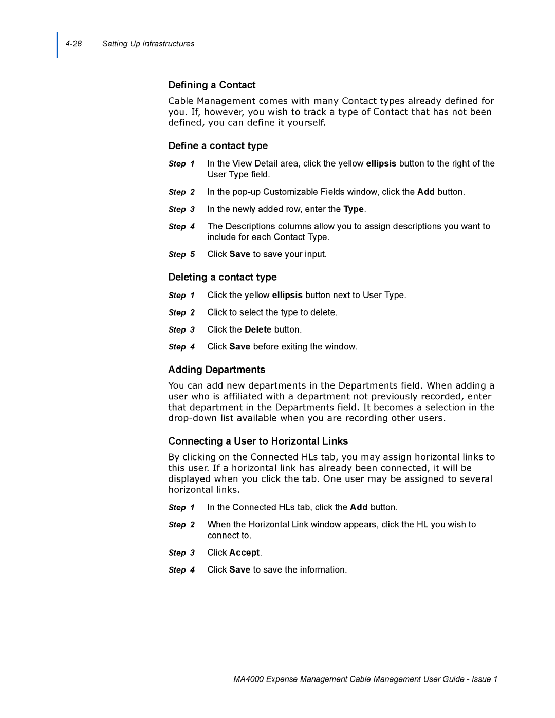 NEC MA4000 manual Defining a Contact, Define a contact type, Deleting a contact type, Adding Departments 