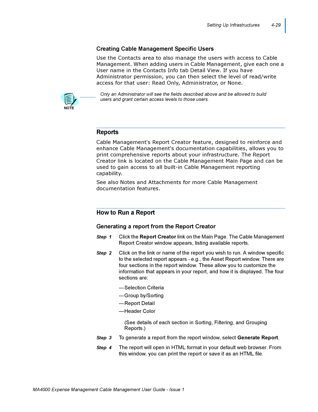 NEC MA4000 manual Reports, How to Run a Report, Creating Cable Management Specific Users 