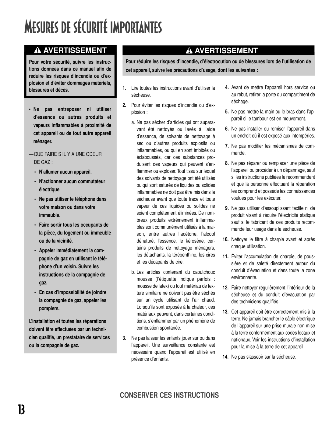 NEC MD-15 Mesures DE Sécurité Importantes, Blessures et décès, Ou la compagnie de gaz, Ne pas sasseoir sur la sécheuse 