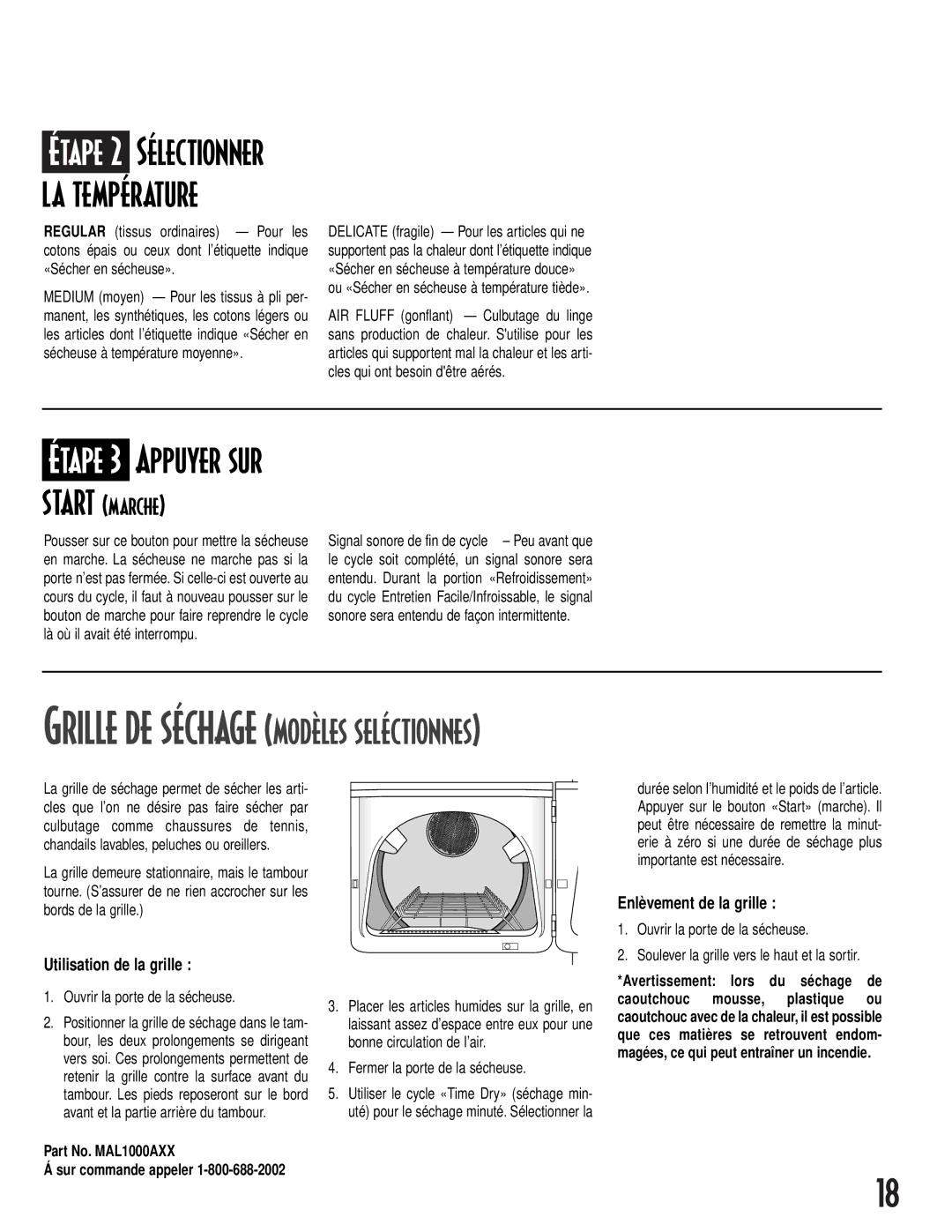 NEC MD-15 warranty Utilisation de la grille, Enlèvement de la grille, Ouvrir la porte de la sécheuse, Part No. MAL1000AXX 