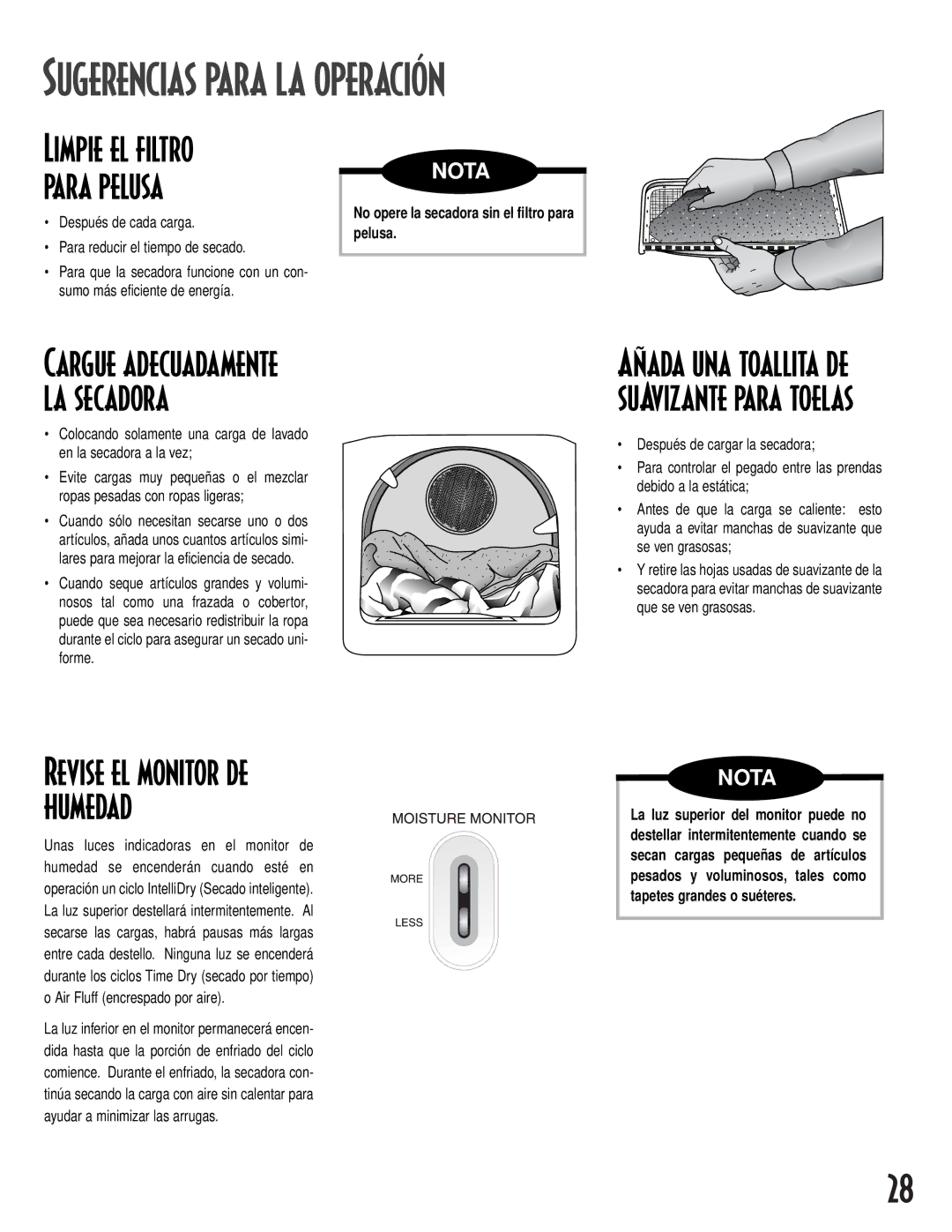 NEC MD-15 warranty Sugerencias Para LA Operación, Después de cada carga Para reducir el tiempo de secado 