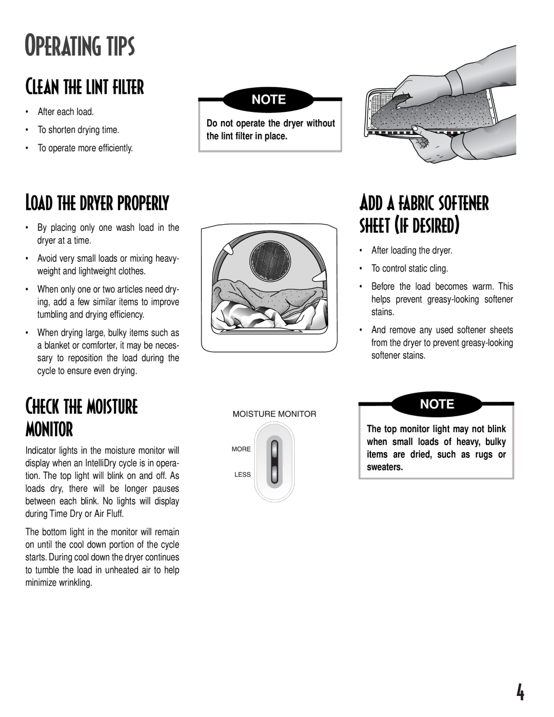 NEC MD-15 warranty Clean the lint filter, Load the dryer properly 