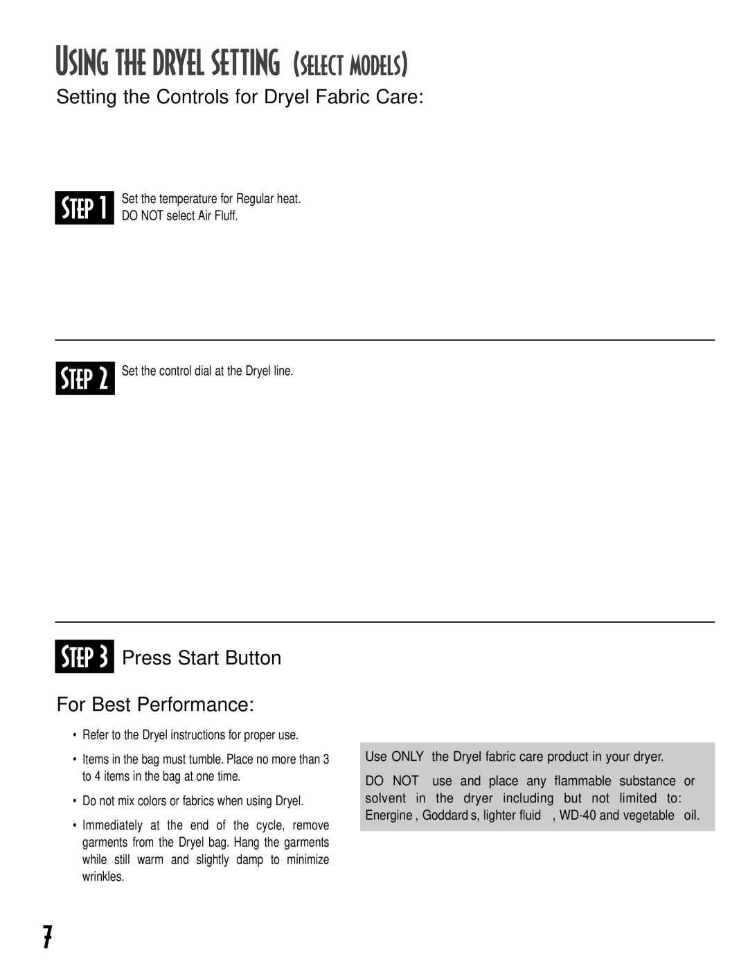 NEC MD-15 warranty Using the Dryel Setting select models, Refer to the Dryel instructions for proper use 