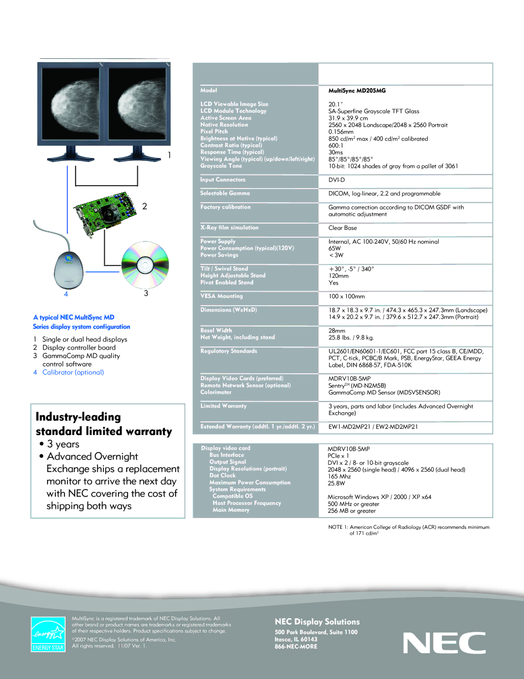 NEC MD205MG manual Industry-leading standard limited warranty, Years, Dvi-D, MDRV10B-5MP 