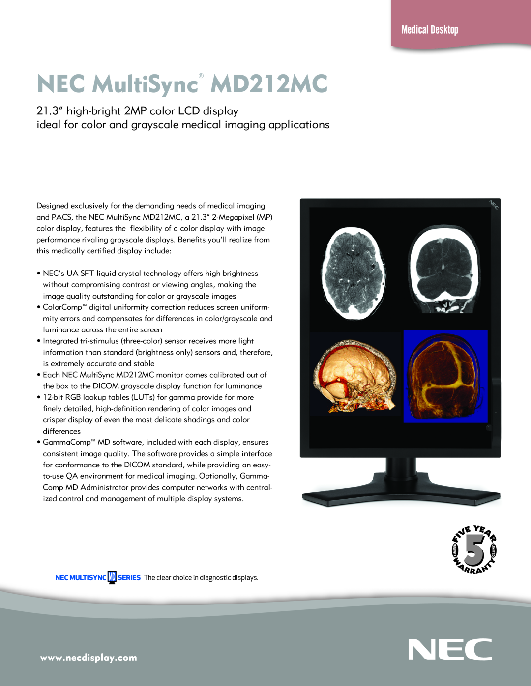 NEC manual NEC MultiSync MD212MC, Medical Desktop, 21.3” high-bright2MP color LCD display 