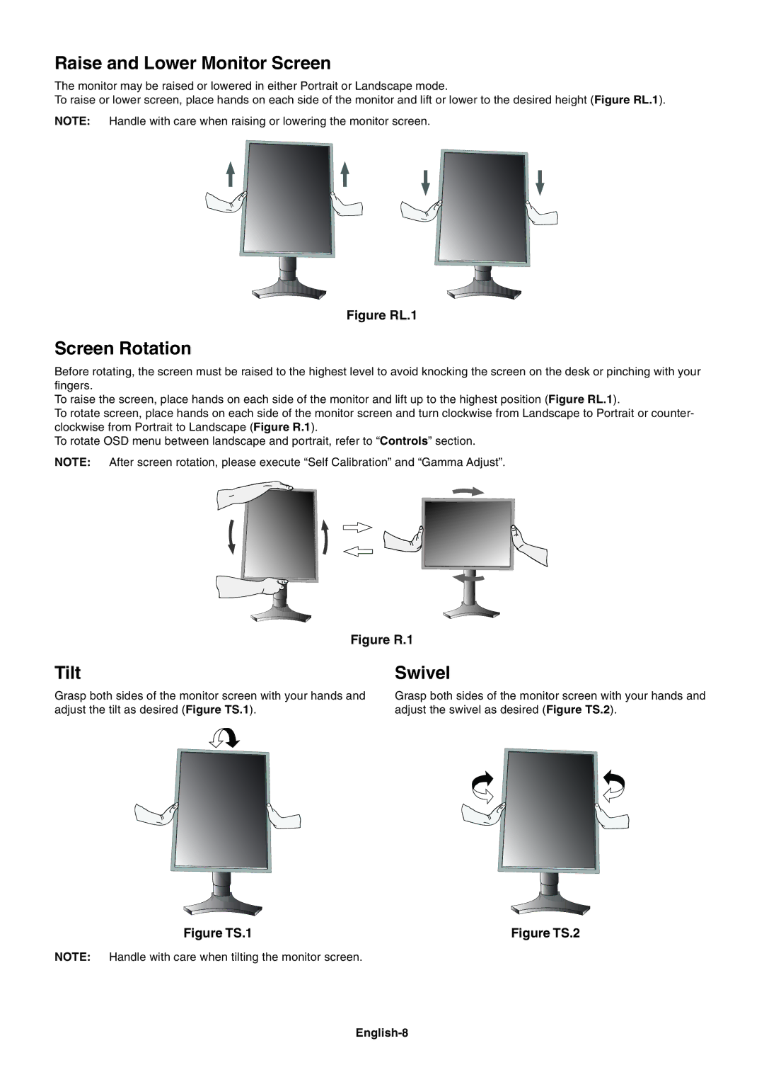 NEC MD213MC manual Raise and Lower Monitor Screen, Screen Rotation, Tilt, Swivel, English-8 